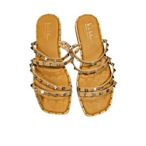 Nicole miller Strappy studded flat slide sandals womens 10 silver tan glam